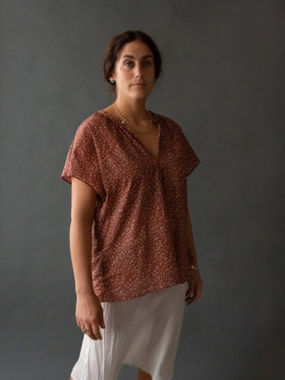 ERICA TANOV The Patti Blouse in Pioggia Mahogany Brown Aleishall Girard Maxon S